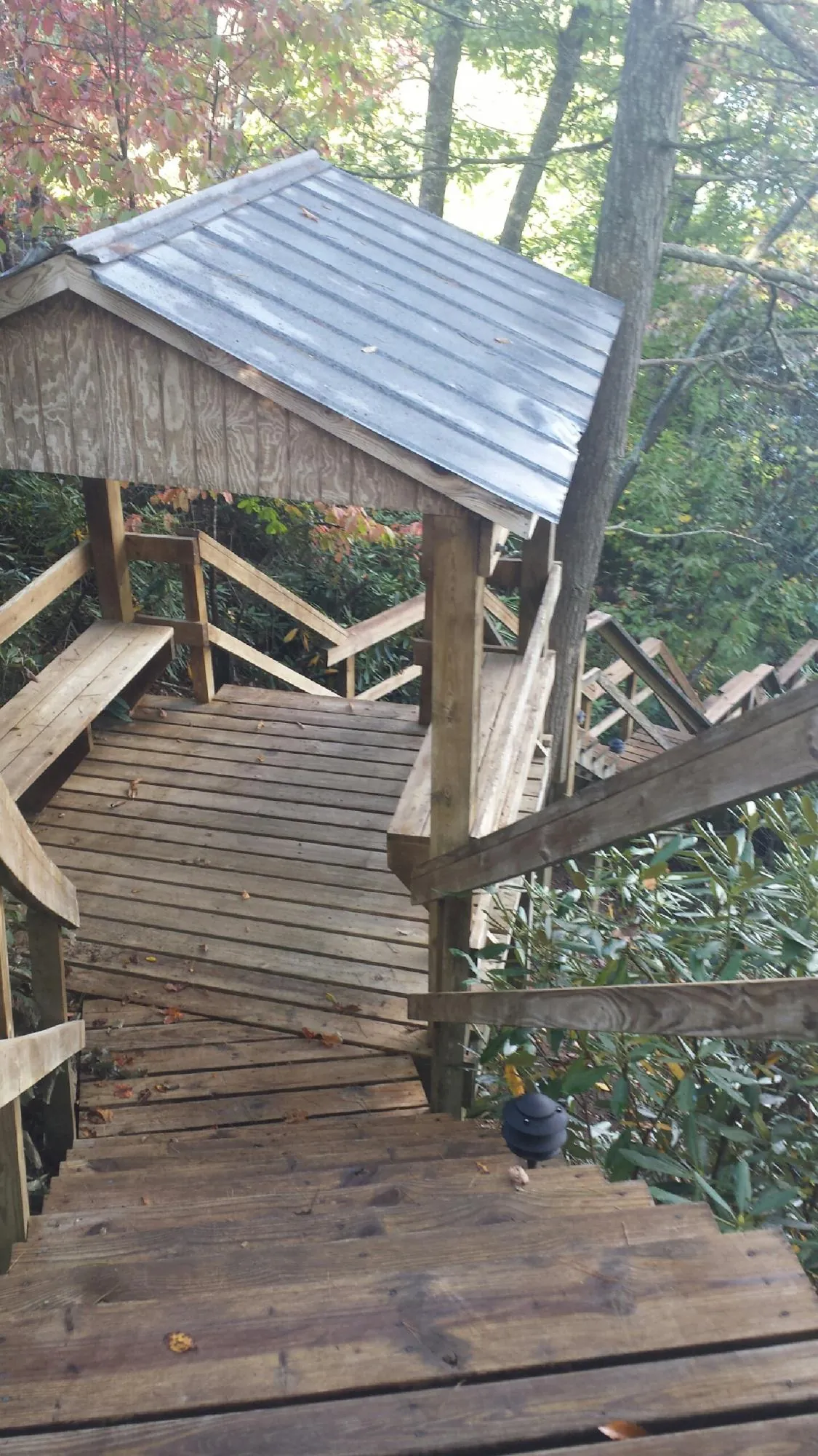 Metal roofed shelter over wooden steps on a wooded walkway — Skylight Repair & Installation work by our crew in Morning View